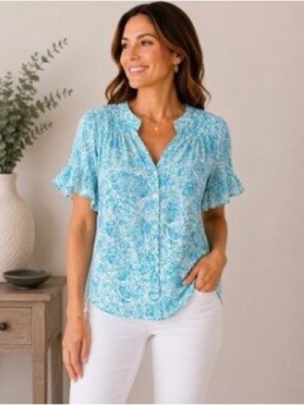 Lilly Pulitzer Aqua Floral Button-Front & Ruffle Sleeves Linen Blouse